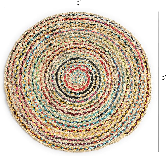 REDEARTH · Jute Cotton Chindi Area Rug - 3' Round Rug, Handwoven, Non-Shedding, Soft & Durable – Multi Tones for Home Décor in Living Room, Dining Room, Bedroom