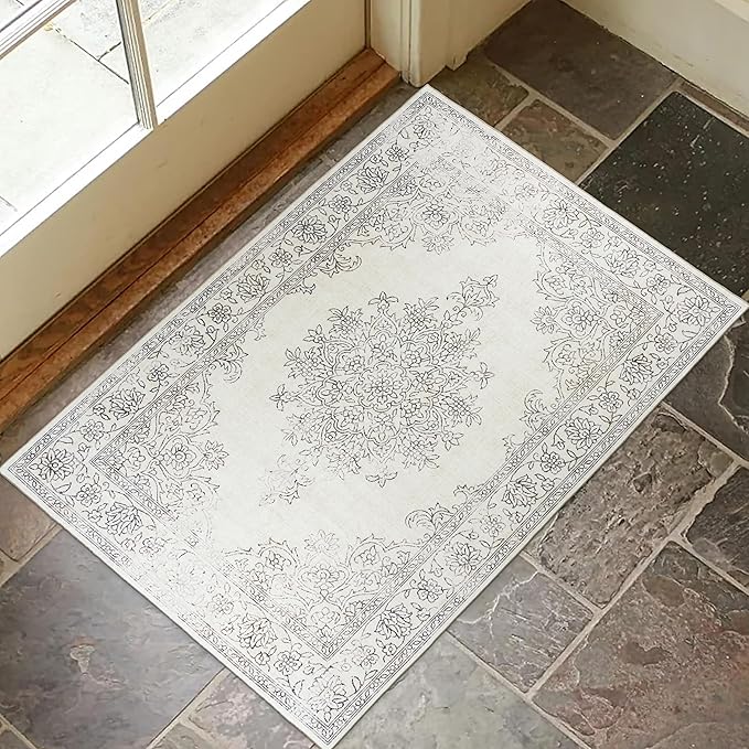 ReaLife Rugs Machine Washable Area Rug - Living Room Bedroom Bathroom Kitchen Entryway Office - Padded Crease Free Stain Resistant Premium - Boho Farmhouse Vintage- Paige- Ivory - 2'x 3'
