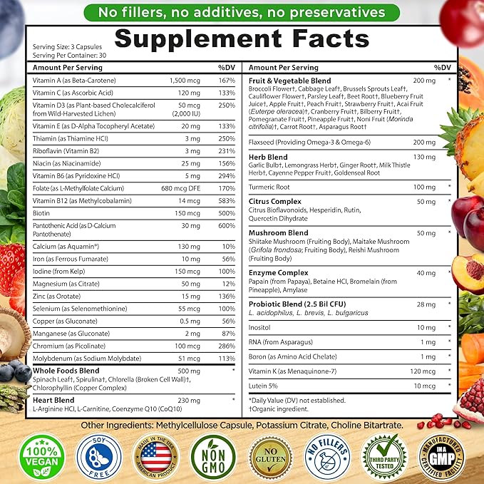 Vegan Whole Food Daily Multivitamin with Iron, Methylated Multivitamin for Women and Men, Made with Fruits & Vegetables, B-Complex, Probiotics, Enzymes, CoQ10, Omegas, Turmeric, Non-GMO, 90 Count