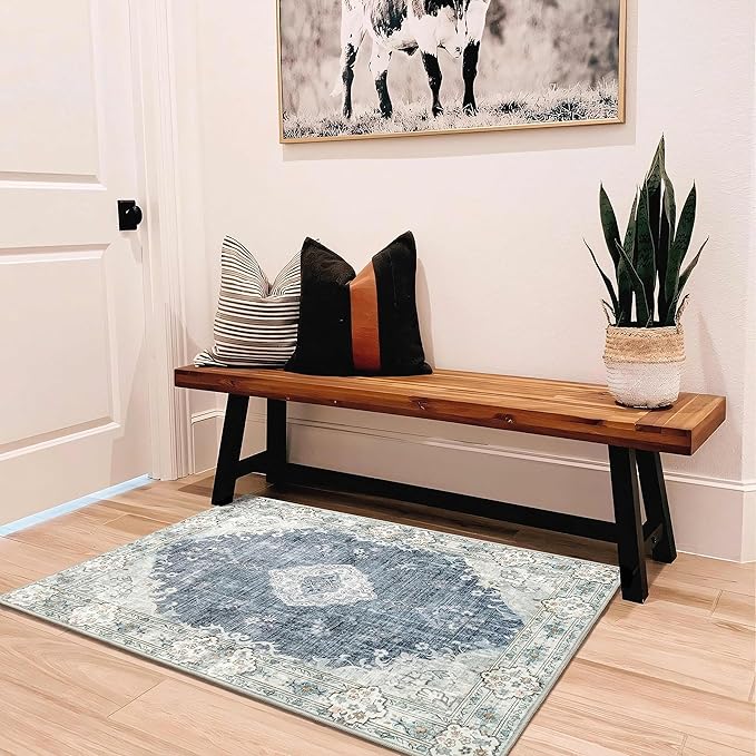 MUJOO Blue Grey Area Rug Small Rugs Boho Machine Washable Rugs Non Slip for Entryway Kitchen Bathroom Bedroom Vintage Soft Low-Pile 2'x3' Flowers