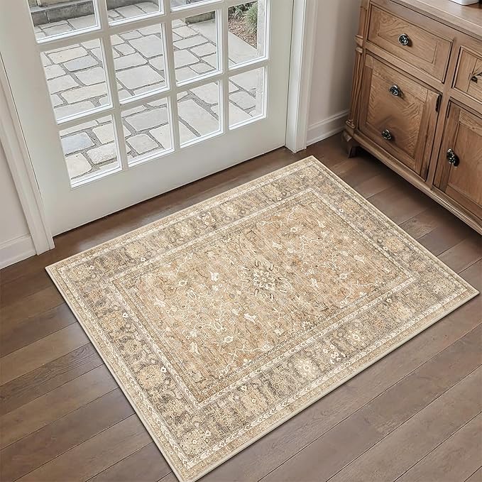 HelloTree 2x3 Entryway Rug Washable Vintage Print Door Mat Kitchen Rugs for Front Door Bedroom Living Room Entrance Small Soft Traditional Distressed Carpet Folable for Room Bedside-Khaki