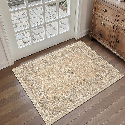 HelloTree 2x3 Entryway Rug Washable Vintage Print Door Mat Kitchen Rugs for Front Door Bedroom Living Room Entrance Small Soft Traditional Distressed Carpet Folable for Room Bedside-Khaki