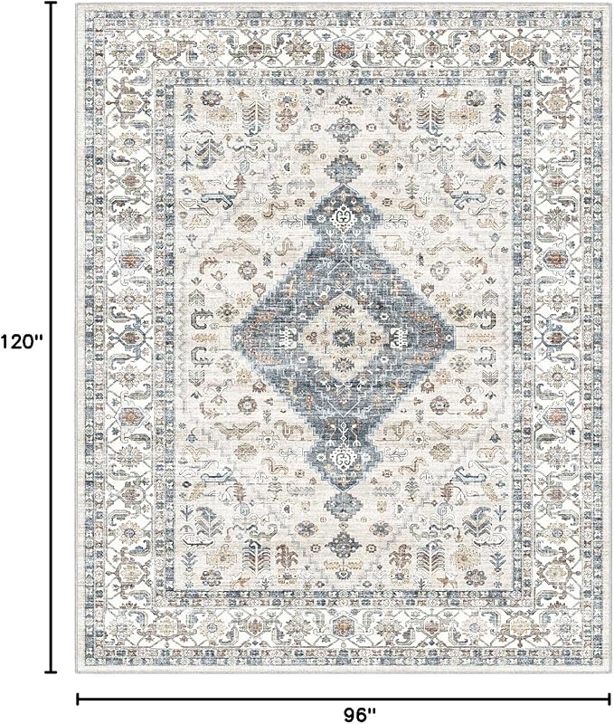 Washable Vintage Area Rug 8x10 - Large Soft Traditional Farmhouse Ultra-Thin Rug for Living Room, Bedroom, Dining Room and Home Office - Distressed Oriental Reto Indoor Floor Carpet Rug…