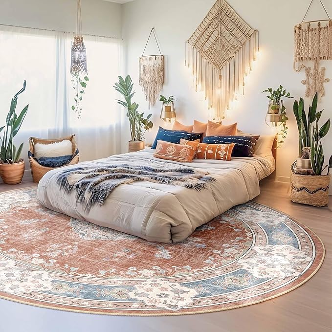 MUJOO Boho Round Rug 9ft,Circle Washable Area Rugs for Bedroom Living Room Bathroom, Vintage Distressed Non Slip Circular Carpet,Orange Navy Blue Floral