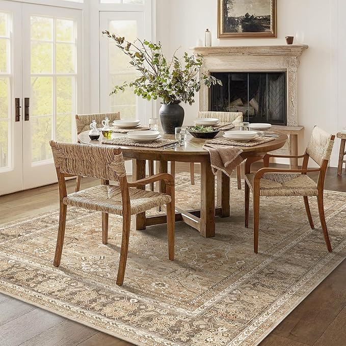 HelloTree Washable Rugs 6x9 Area Rug for Living Room, Vintage Boho Khaki Rug Non Slip Carpet Retro Accent Indoor Mat Print Distressed Low Pile Throw Large Rug for Office Bedside-Khaki