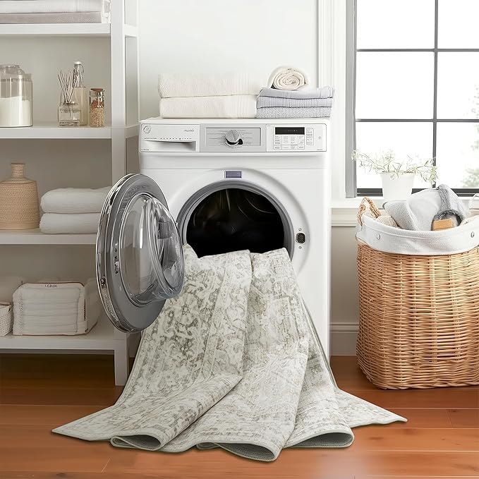 ReaLife Rugs Machine Washable Area Rug Runner - Living Room Bedroom Bathroom Kitchen Entryway Office - Padded Low Pile Stain Resistant Premium - Boho Farmhouse Vintage - Lyle - Beige Ivory 2'6" x 8'