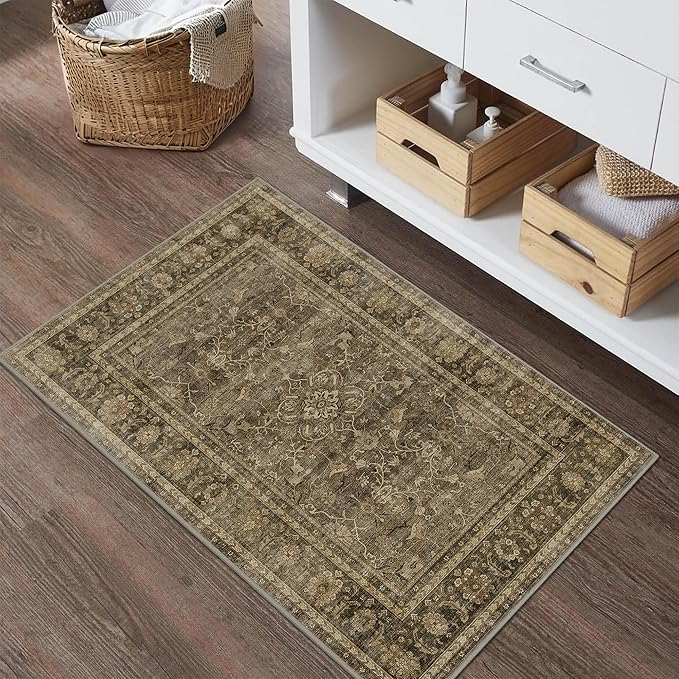 HelloTree 2x3 Entryway Rug Washable Vintage Print Door Mat Kitchen Rugs for Front Door Bedroom Living Room Entrance Small Soft Traditional Distressed Carpet Folable for Room Bedside-Brown