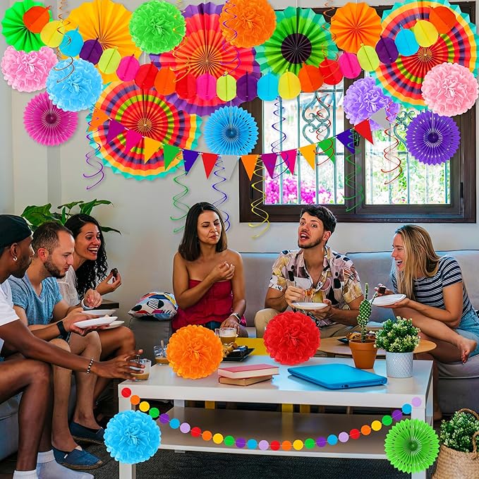35 PCS Cinco De Mayo Decorations, Fiesta Party Decorations Hispanic Heritage Month Decorations Banner Paper Fans Tissue Pompom Swirls Garland for Day of Dead Mexican Party Decor Supplies Decor