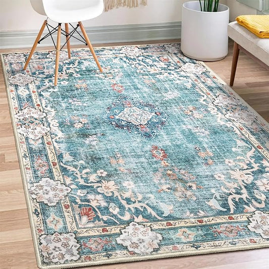 MUJOO Boho Rug 3'x5' Machine Washable Teal Small Area Rugs for Entryway Bedroom Bedside Kitchen Hallway Living Room Laundry Room Indoor Mat Soft Low-Pile Blue Floral Non Slip