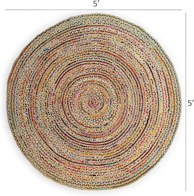 REDEARTH · Jute Cotton Chindi Area Rug - 5' Round Rug, Handwoven, Non-Shedding, Soft & Durable – Multi Tones for Home Décor in Living Room, Dining Room, Bedroom