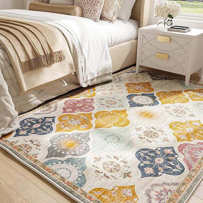 EnHomee Washable Area Rugs 4x6, Soft Area Rug for Living Room Bedroom, Boho Non Slip Low Pile Stain Resistant Washable Rug Large Carpet for Dining Room,Easy to Clean Living Room Rug, Colorful