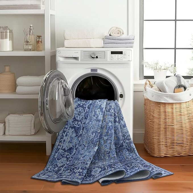 ReaLife Rugs Machine Washable Area Rug - Living Room Bedroom Bathroom Kitchen Entryway Office - Padded Low Pile Stain Resistant Premium - Boho Vintage Traditional - Lyle - Blue 7'6" x 9'6"