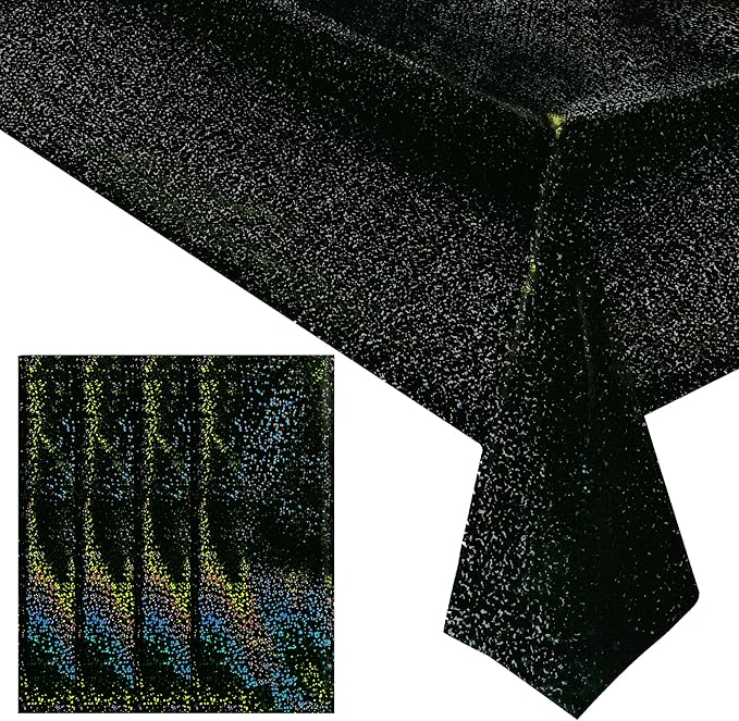 4 Pcs Black Holographic Laser Tablecloth Galaxy Space Table Cloth 40 * 108 Inch Shimmer Star TableCover for Halloween Birthday Graduation Neon Party Supplies Disposable Plastic Foil Table Decor