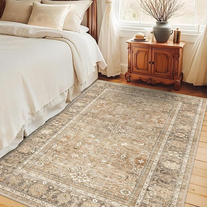 HelloTree Vintage Area Rug 4x6 Khaki Entryway Office Washable Carpet Non Slip Backing Printed Distressed Rugs for Bedroom Vintage Boho Tribal Area Rugs for Bathroom Bedroom Dining Living Room-Khaki
