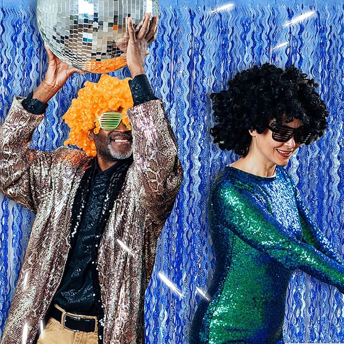 Blue Backdrop Wavy Tinsel Foil Fringe Curtains for Parties Sparkle Metallic Wavy Blue Birthday Decorations for Streamers Party Decorations Photo Booth Props Birthday Ocean Party Decor Supplies