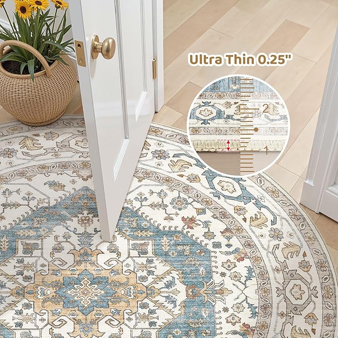 Area Rug for Living Room - 5x5 Soft Washable Oriental Vintage Floral Distressed Large Carpet - Fade Stain Resistant Non Slip Rugs for Bedroom Dining Room Nursery Dorm Office Home Decor - Blue/Beige