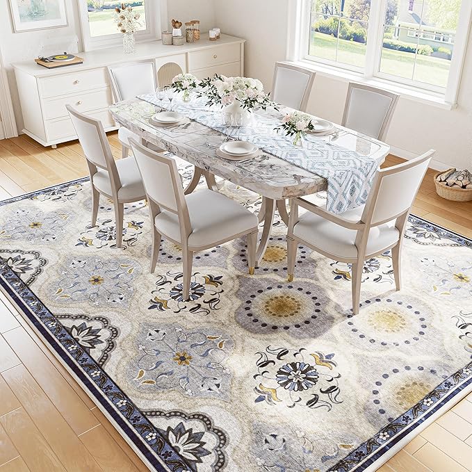 EnHomee Area Rugs 5x7, Soft Washable Rugs for Living Room Bedroom, Boho Non Slip Low Pile Stain Resistant Washable Rug Large Carpet for Dining Room,Easy to Clean Living Room Rug, Blue