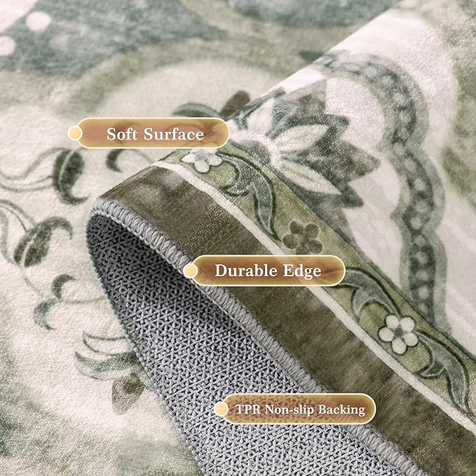 EnHomee 8x10 Area Rug, Soft Washable Rugs for Living Room Bedroom, Boho Non Slip Low Pile Stain Resistant Washable Rug Large Area Rugs for Dining Room,Easy to Clean Living Room Rug, Green