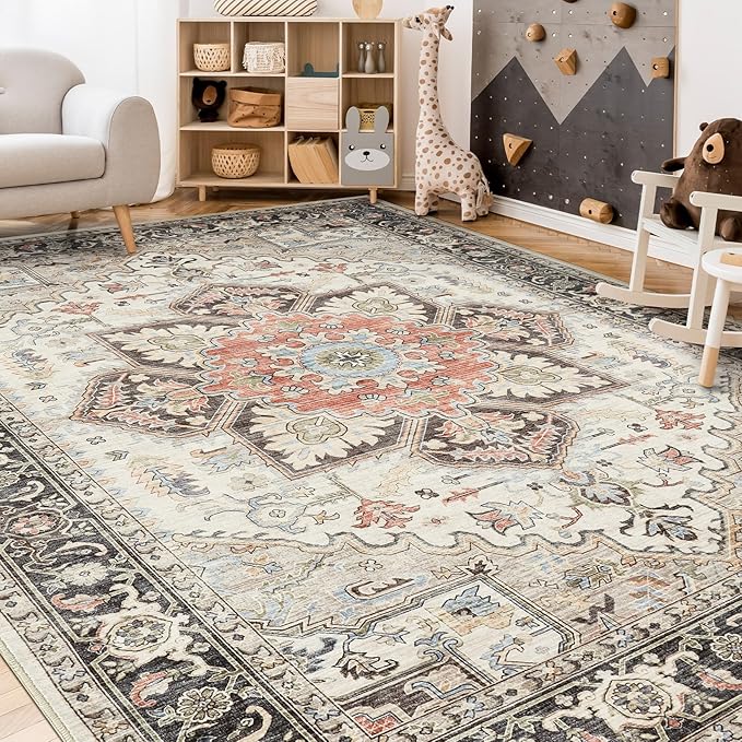 Area Rug for Living Room - 5x7 Soft Machine Washable Oriental Vintage Floral Distressed Large Indoor Floor Carpet for Bedroom Under Dining Table Home Office Decor - Multi Cream