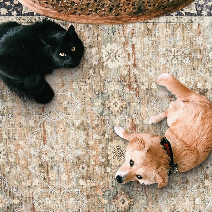 ReaLife Machine Washable Area Rug - Living Room Bedroom Bathroom Kitchen Entryway Office - Padded Low Pile Stain Resistant Premium - Boho Farmhouse Vintage - BEV - Beige Tan Brown 7'6" x 9'6"