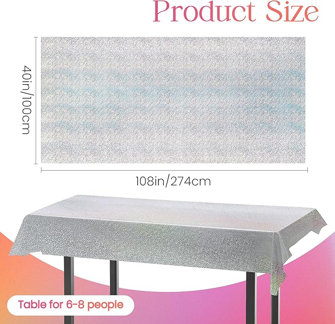 1 pcs Silver Holographic Tablecloths Shiny Disco Laser Table Cloths 40" x 108" Iridescence Plastic White Table Cover for Birthday Party Decoration Wedding Christmas Winter Grad Party Supplies