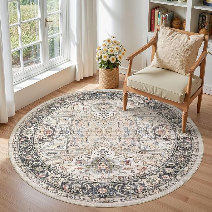 Area Rug for Living Room - 5x5 Large Soft Washable Oriental Vintage Floral Carpet Safe for Babies & Pets - Fade Stain Resistant Non Slip Rugs for Bedroom Dining Room Nursery Dorm Office Home Decor