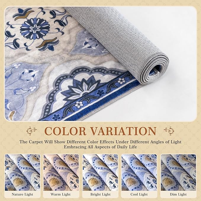 EnHomee Area Rugs 3x5, Soft Washable Rugs for Living Room Bedroom, Boho Non Slip Low Pile Stain Resistant Washable Rug Large Carpet for Dining Room,Easy to Clean Living Room Rug, Blue