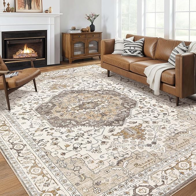 Area Rug for Living Room - 9x12 Soft Washable Oriental Vintage Floral Distressed Large Carpet - Fade Stain Resistant Non Slip Rugs for Bedroom Dining Room Nursery Dorm Office Home Decor-Camel/Beige