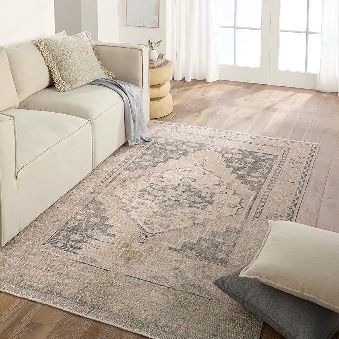 Jaipur Living Machine Washable, Vintage 9x12 Large Area Rug, Boho, Navy and Light Green, Living Room Rug, Bedroom Rug