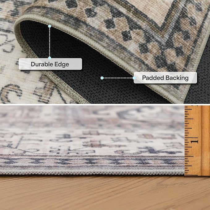 ReaLife Rugs Machine Washable Area Rug - Living Room Bedroom Bathroom Kitchen Entryway Office - Padded Low Pile Stain Resistant Premium - Boho Farmhouse Vintage - Paz - Beige Gray Ivory 2'6" x 8'