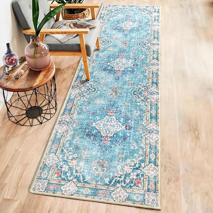 MUJOO Hallway Runner Rug 2'x8' Teal Long Rug Runners Boho Machine Washable Non Slip Carpet for Entryway Kitchen Bathroom Bedside Retro Soft Low-Pile Blossom
