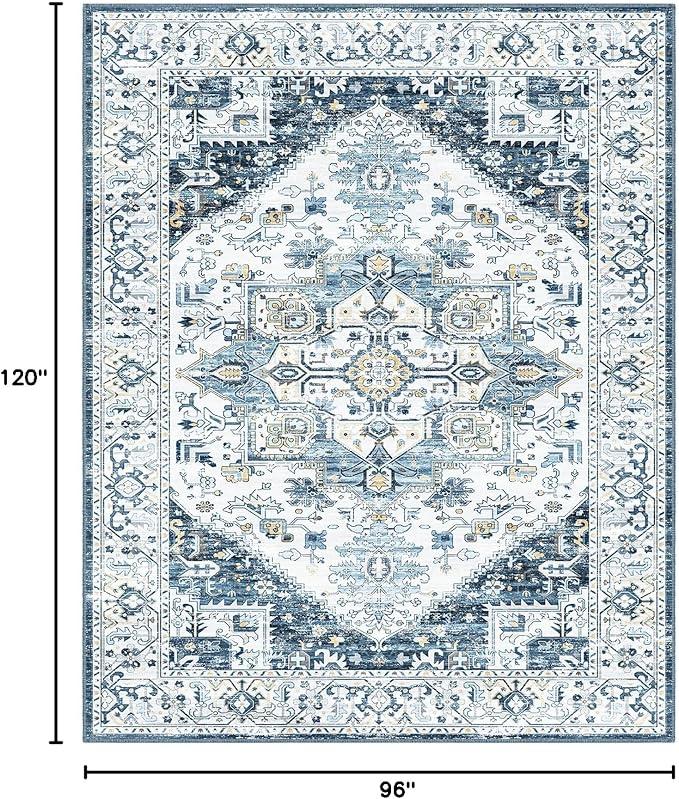 8x10 Area Rugs for Living Room, Machine Washable Non Slip Vintage Retro Rugs, Low Pile Lightweigt Chenille Print Indoor Rug for Bedroom, Dining Room, Home Office (Blue Gold Cream 8X10)…