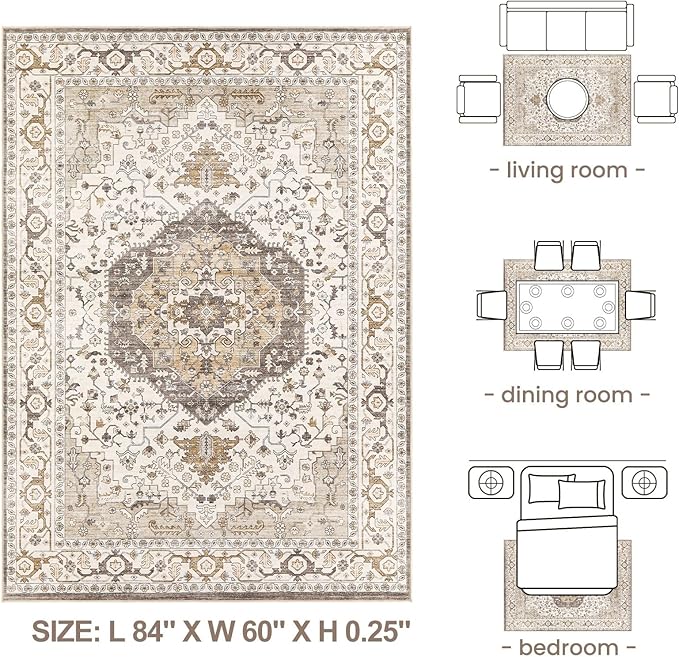 Area Rug for Living Room - 5x7 Soft Washable Oriental Vintage Floral Distressed Large Carpet - Fade Stain Resistant Non Slip Rugs for Bedroom Dining Room Nursery Dorm Office Home Decor-Camel/Beige