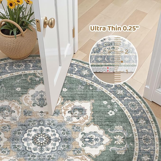 Area Rug for Living Room - 8x8 Soft Washable Oriental Vintage Floral Distressed Large Carpet - Fade Stain Resistant Non Slip Rugs for Bedroom Dining Room Nursery Dorm Office Home Decor - Green