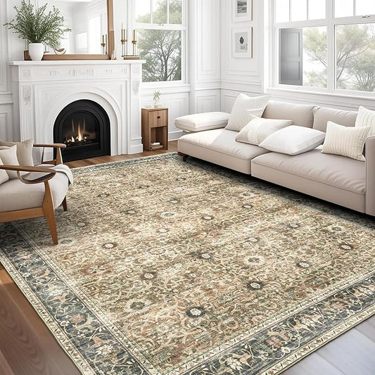 ReaLife Rugs Machine Washable Area Rug - Living Room Bedroom Bathroom Kitchen Entryway Office - Padded Low Pile Stain Resistant Premium - Boho Farmhouse Vintage - Dua - Brown Gray Beige 5' x 7'