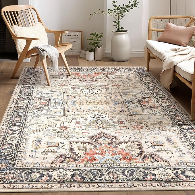 Area Rug for Living Room - 6x9 Soft Machine Washable Oriental Vintage Floral Distressed Large Indoor Floor Carpet for Bedroom Under Dining Table Home Office Decor - Multi