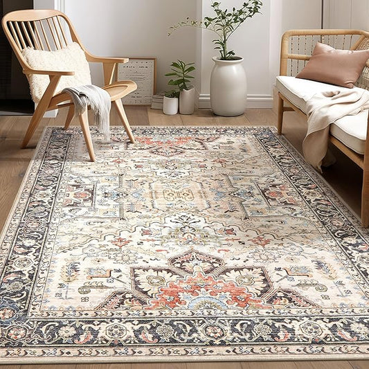 Area Rug for Living Room - 6x9 Soft Machine Washable Oriental Vintage Floral Distressed Large Indoor Floor Carpet for Bedroom Under Dining Table Home Office Decor - Multi