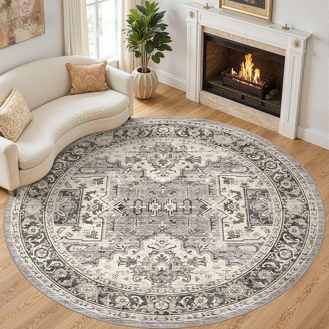 Area Rug for Living Room - 8x8 Soft Machine Washable Oriental Vintage Floral Distressed Large Indoor Floor Carpet for Bedroom Under Dining Table Home Office Decor - Brown