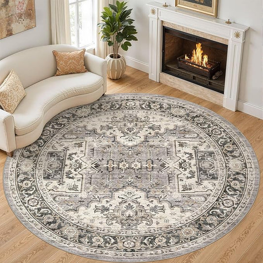 Area Rug for Living Room - 8x8 Soft Machine Washable Oriental Vintage Floral Distressed Large Indoor Floor Carpet for Bedroom Under Dining Table Home Office Decor - Brown