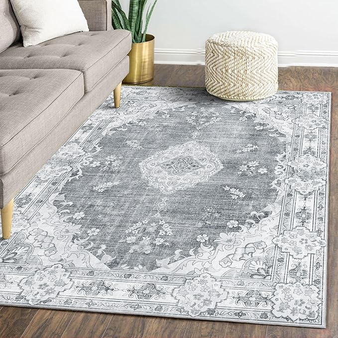 MUJOO Area Rugs 5'x7'Grey,Boho Rug for Bedroom Living Room Dining Room, Large Machine Washable Non Slip Carpet Vintage Bohemian Distressed Farmhouse,Floral