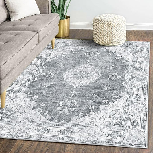 MUJOO Area Rugs 5'x7'Grey,Boho Rug for Bedroom Living Room Dining Room, Large Machine Washable Non Slip Carpet Vintage Bohemian Distressed Farmhouse,Floral