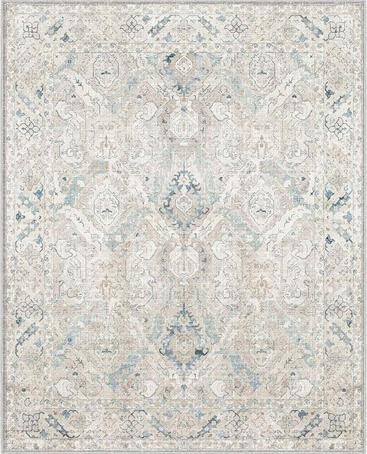 8x10 Area Rugs for Living Room, Machine Washable Non Slip Vintage Retro Rugs, Low Pile Lightweight Chenille Print Indoor Rug for Bedroom, Dining Room, Home Office(Grey/Blue/TAN/Teal/Green)