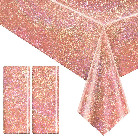 2 pcs Rose Gold Holographic Table Cloth 40" x 108" Shiny Bachelorette Party Decorations Plastic Laser Sparkly Tablecloth Glitter Table Decor for Wedding Anniversary Event Birthday Party Supplies