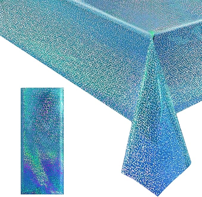 1pcs Blue Holographic Laser Tablecloths 40" x 108" Plastic Table Cloths for Parties Shimmer Shiny Party Decoration for Winter Ocean Princess Birthday Party Wedding Baby Shower Christmas Decor