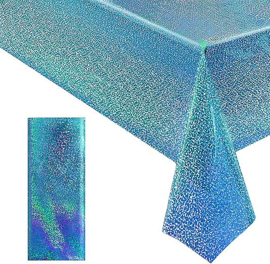 1pcs Blue Holographic Laser Tablecloths 40" x 108" Plastic Table Cloths for Parties Shimmer Shiny Party Decoration for Winter Ocean Princess Birthday Party Wedding Baby Shower Christmas Decor