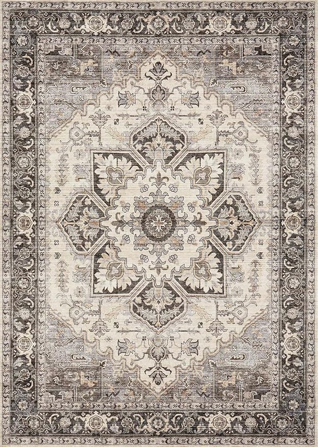 Area Rug for Living Room - 10x14 Soft Machine Washable Oriental Vintage Floral Distressed Large Indoor Floor Carpet for Bedroom Under Dining Table Home Office Decor - Grey Brown