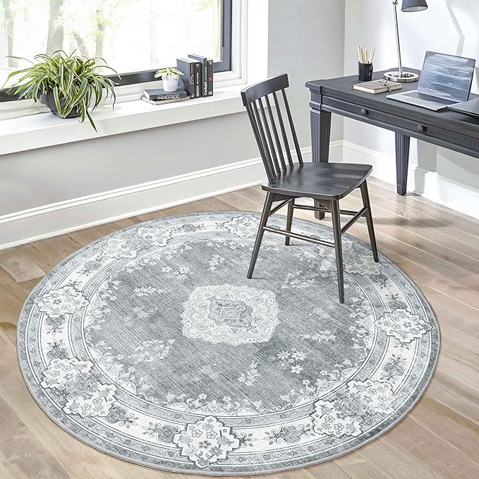 MUJOO Grey Round Rug 5ft,Circle Washable Area Rugs for Bedroom Living Room Bathroom,Boho Vintage Bohemian Distressed Farmhouse Large Non Slip Circular Carpet,Floral