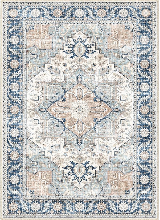 9x12 Area Rugs, Machine Washable Area Rugs for Living Room, Non Slip Backing Rugs for Bedroom, Vintage Printed Home Decor Large Area Rug (Grey Blue 9x12)