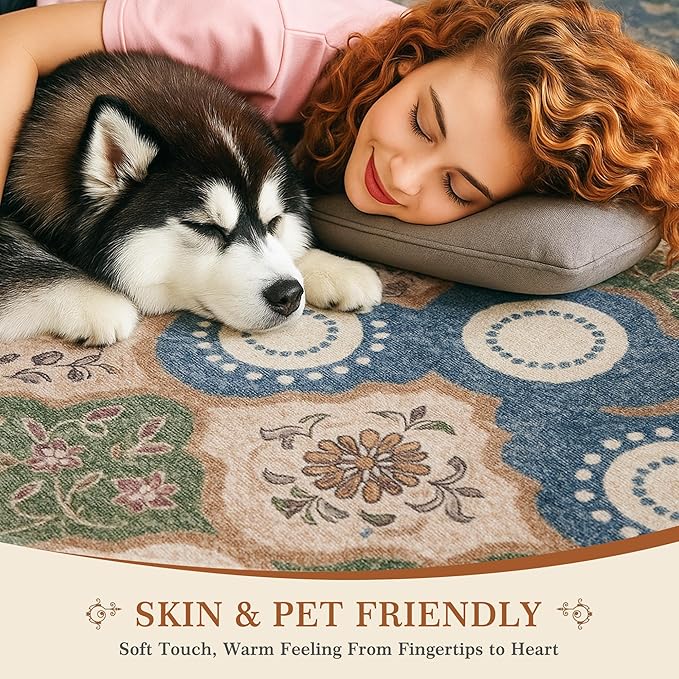 EnHomee Boho Chic 4x6 Washable Rug - Soft, Low Pile & Durable for High-Traffic Living Rooms & Bedrooms Stain Resistant, Non-Slip Easy Clean Carpet in Red&Green