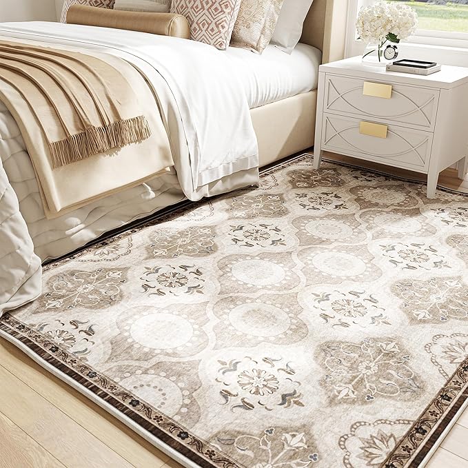 EnHomee Washable Area Rugs 4x6, Soft Area Rug for Living Room Bedroom, Boho Non Slip Low Pile Stain Resistant Washable Rug Large Carpet for Dining Room,Easy to Clean Living Room Rug, Khaki